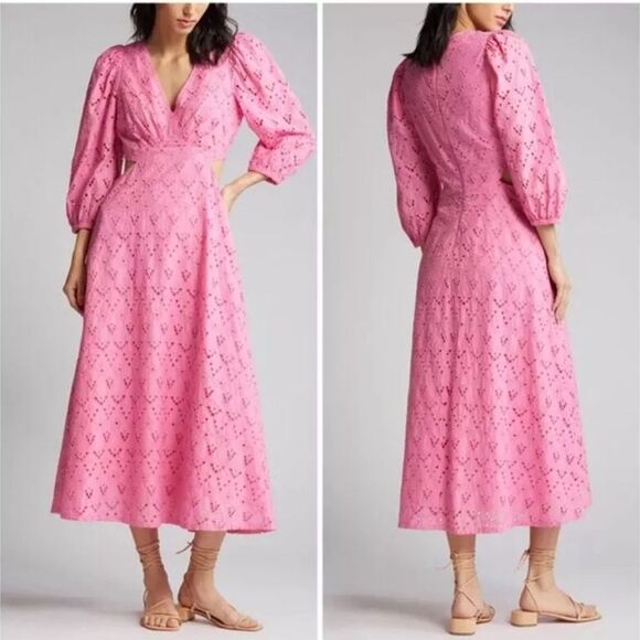 CHELSEA28 Eyelet Embroidered Cutout Bracelet Sleeve Midi Dress Pink SIZE M - Picture 3 of 11